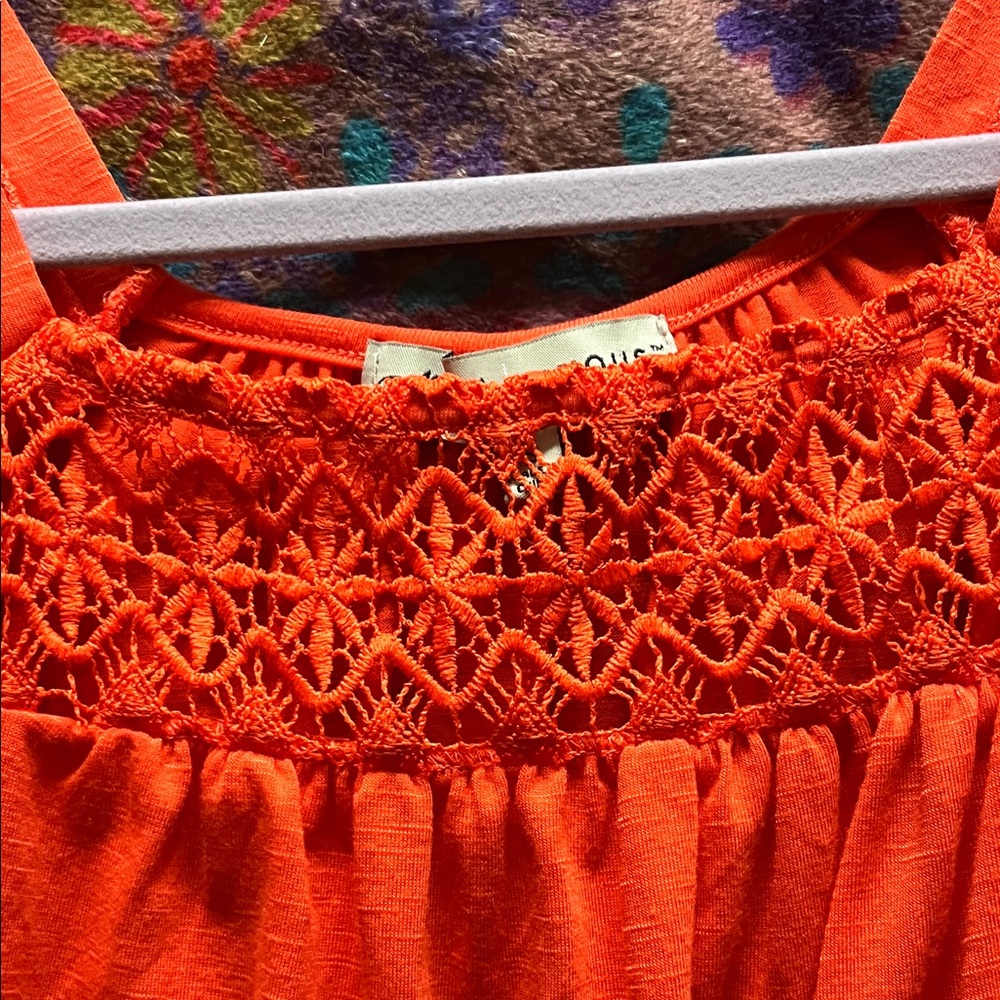 NWT ABSOLUTELY FAMOUS Polyester Orange Boho Flutter Sleeve/Crochet Blouse Size S - Picture 5 of 8